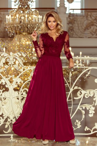 213-2 ARATI long dress with embroidered neckline and long sleeves - burgundy color