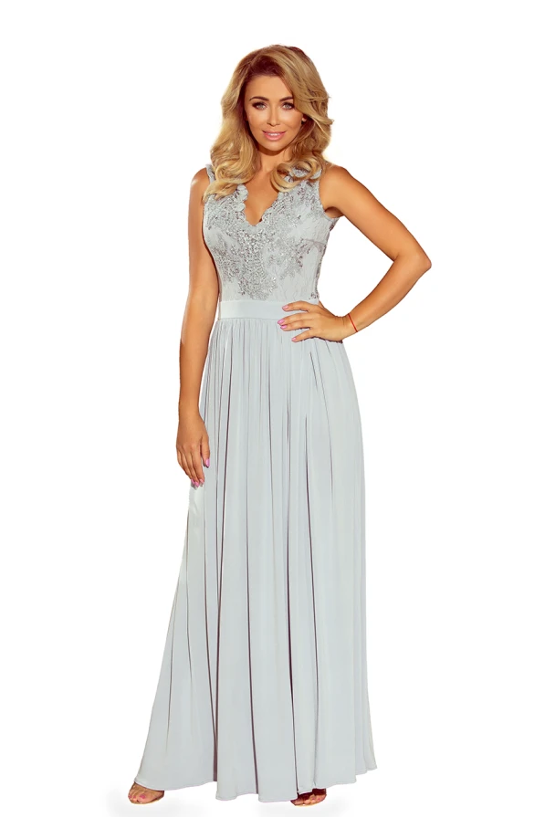 215-1 LEA long sleeveless dress with embroidered cleavage - silver color