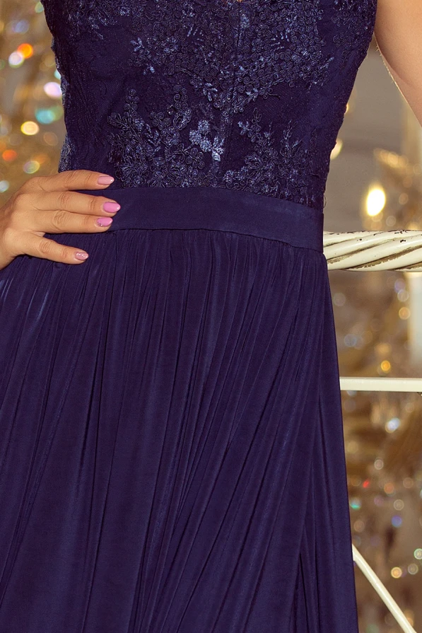 215-2 LEA long sleeveless dress with embroidered cleavage - dark blue