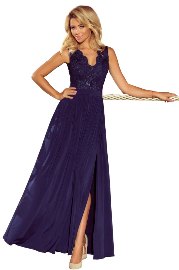 215-2 LEA long sleeveless dress with embroidered cleavage - dark blue