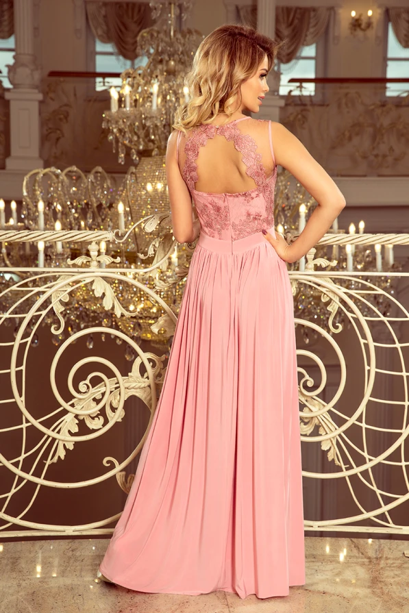 215-3 LEA long sleeveless dress with embroidered cleavage - pink
