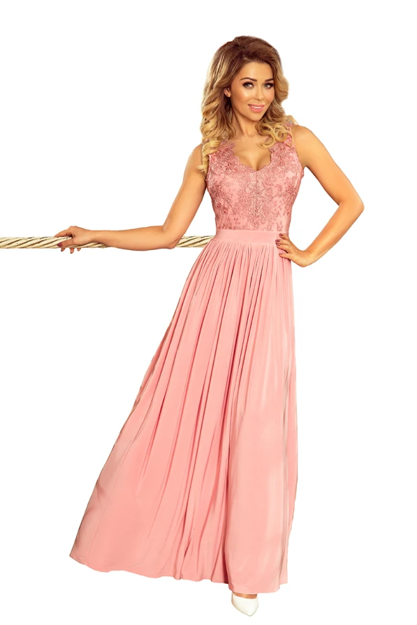 215-3 LEA long sleeveless dress with embroidered cleavage - pink