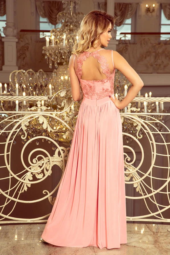215-4 LEA long sleeveless dress with embroidered cleavage - pastel pink