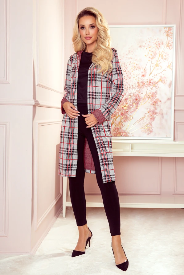 218-5 Coat with hood and pockets - red grille