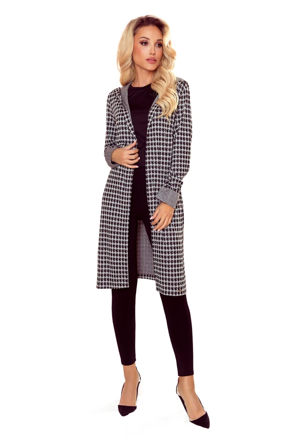 A stylish, long cardigan with a houndstooth pattern and a cozy hood, perfect for layering in cooler weather. The cardigan features a relaxed fit and contrasting cuffs, adding a touch of elegance to any casual outfit.