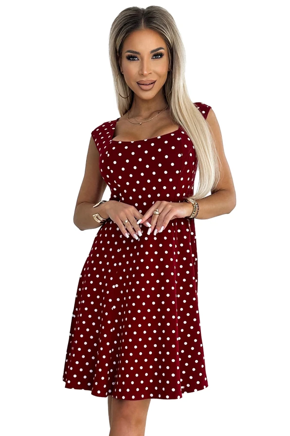 241-3 STELLA cotton dress with a diamond neckline - burgundy with polka dots