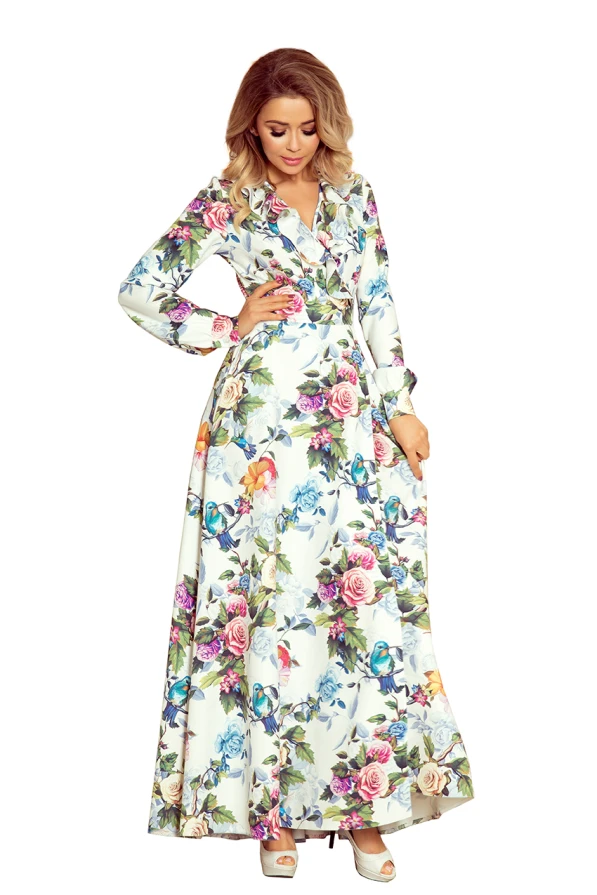 245-1 Long dress with frill and cleavage - colorful roses and blue birds