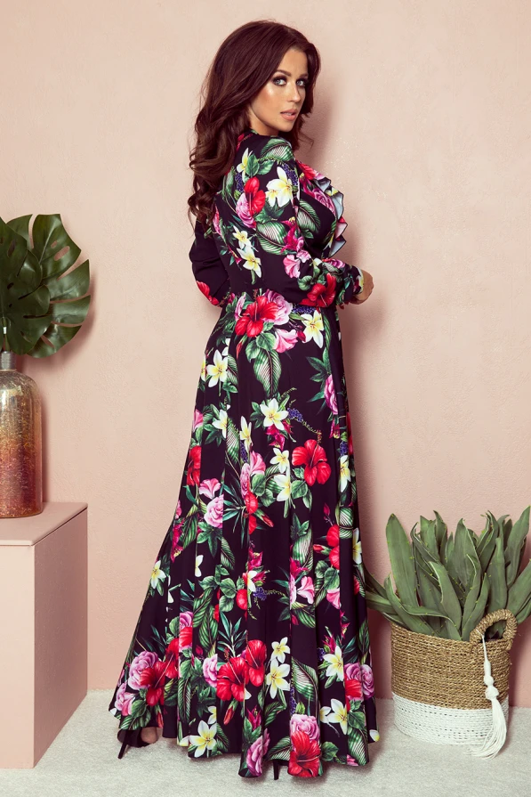 245-3 Long dress with frill and cleavage - red flowers