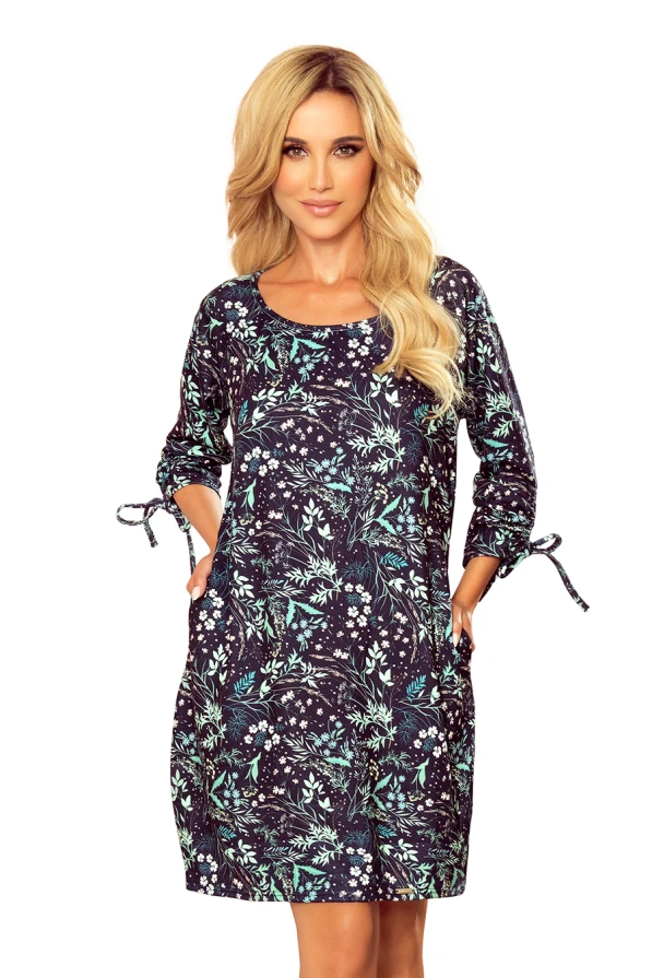 281-4 SOPHIE Comfortable Oversize dress - leaves on a dark background