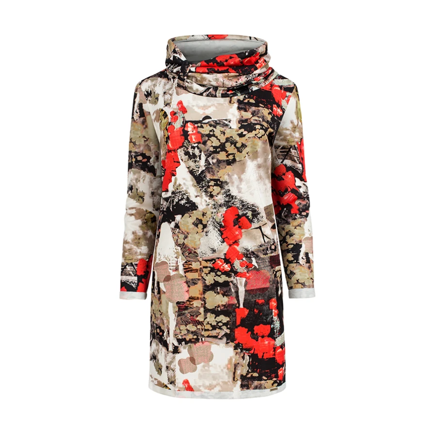 A stylish dress featuring a turtleneck design with a vibrant abstract pattern in shades of red, beige, and black. The long sleeves and knee-length cut make it a versatile choice for both casual and formal occasions.