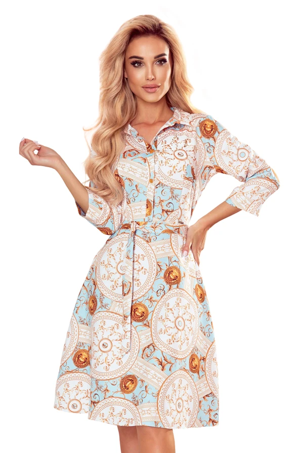 286-4 SANDY Flared shirt dress - white and gold circles