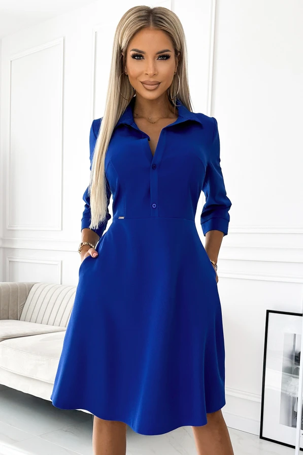 286-6 SANDY Flared shirt dress with a belt - blue