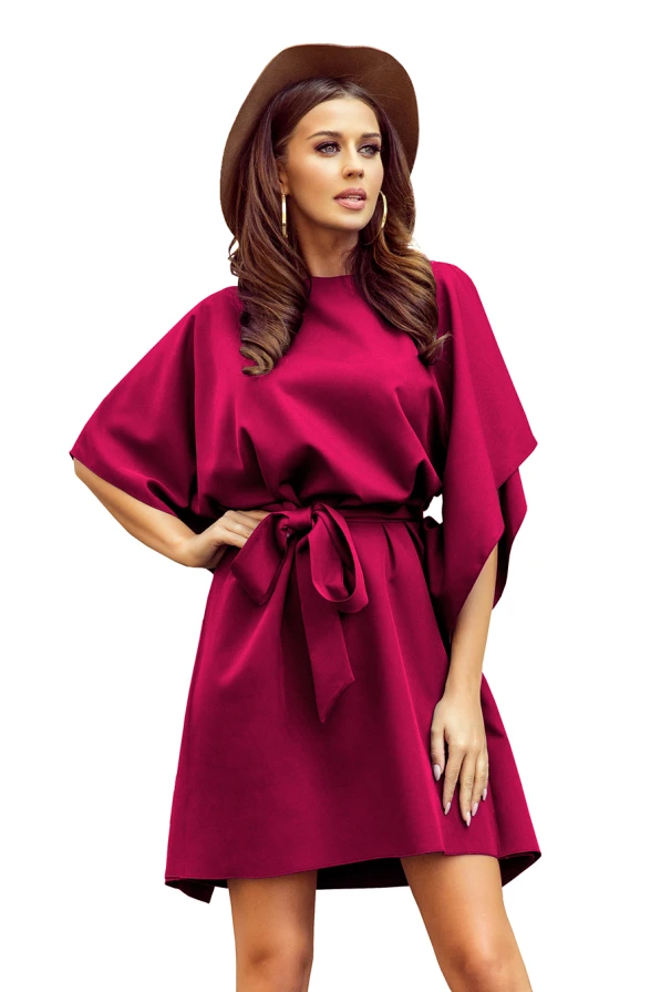287-18 SOFIA Butterfly dress with a binding at the waist - Burgundy color