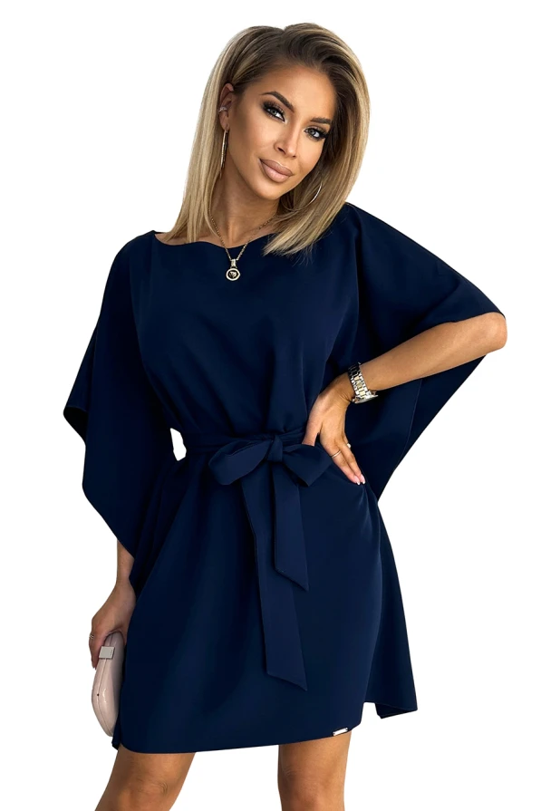 287-24 SOFIA Butterfly dress with a binding at the waist - navy blue