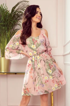 292-1 MARINA flimsy dress with a neckline - pink with flowers
