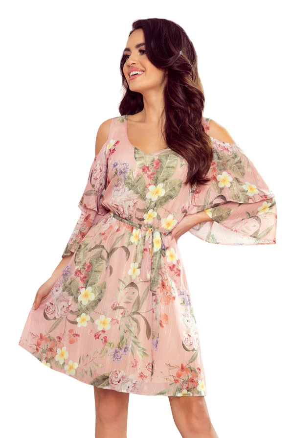 292-1 MARINA flimsy dress with a neckline - pink with flowers