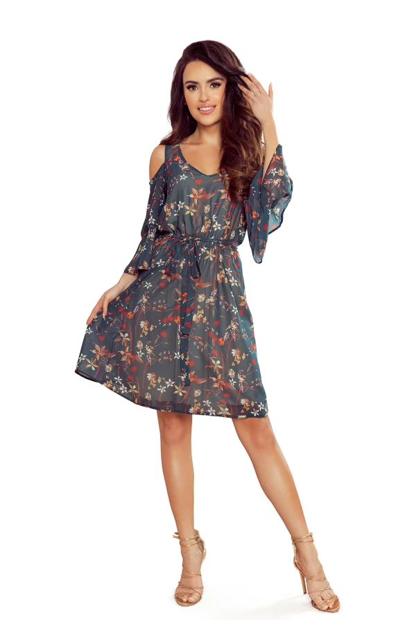 292-2 MARINA flimsy dress with a neckline - green with flowers