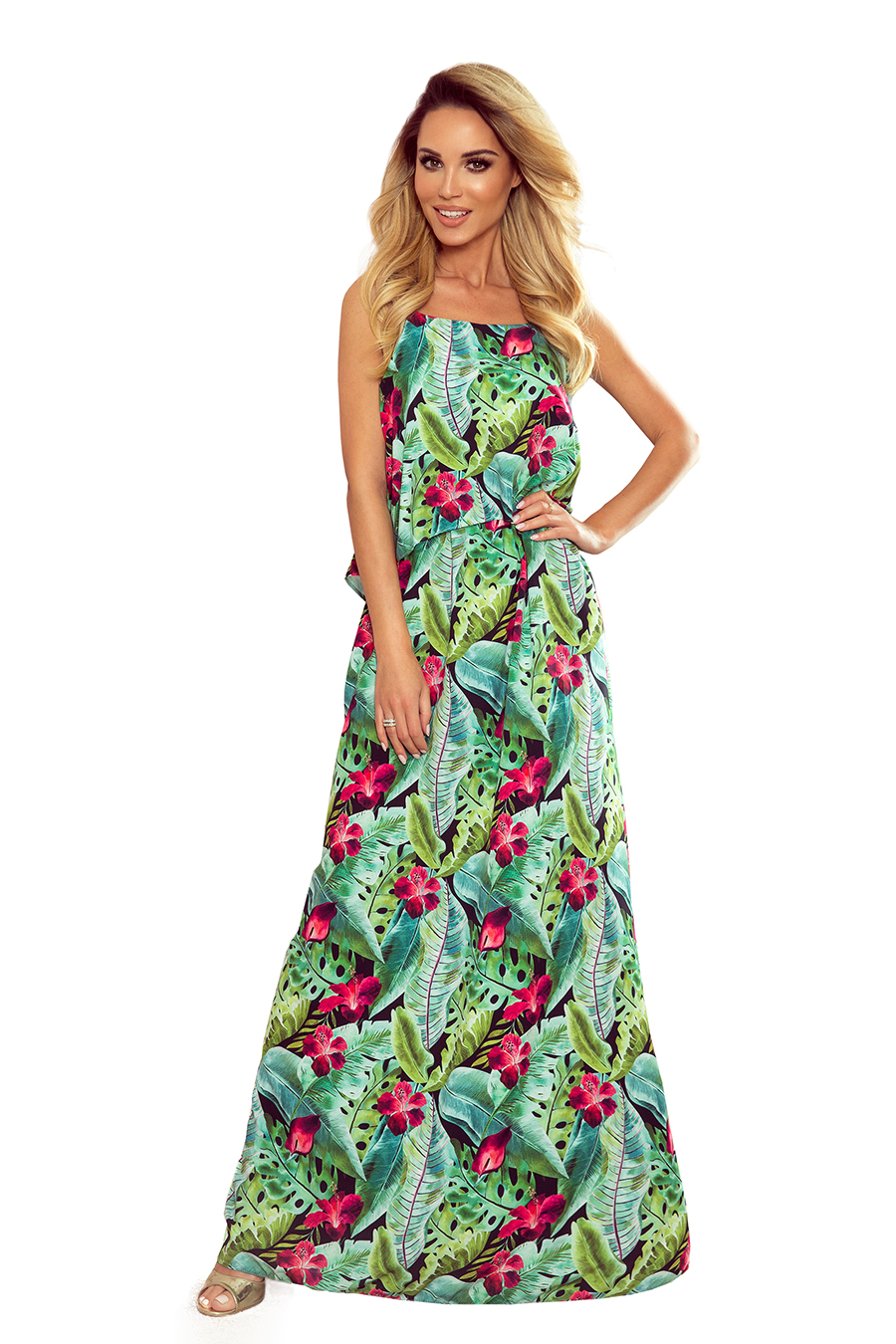 pink dress with green leaves
