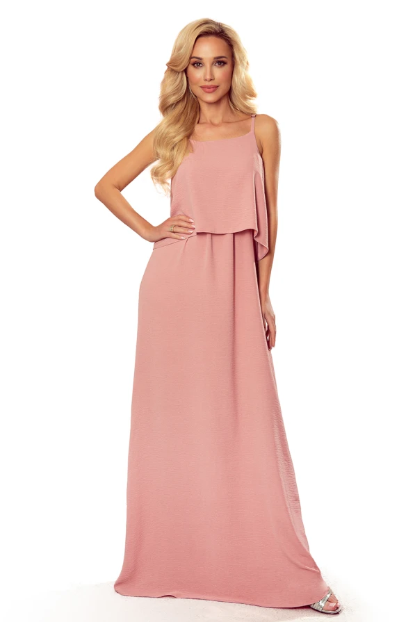 294-3 A long summer dress with straps - powder pink
