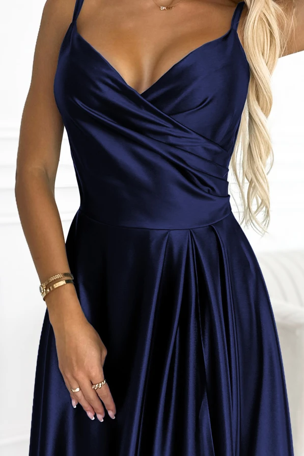 299-12 CHIARA elegant satin maxi dress with straps - navy blue