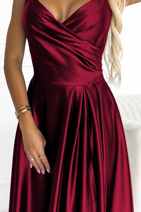 299-13 CHIARA elegant satin maxi dress with straps - Burgundy color