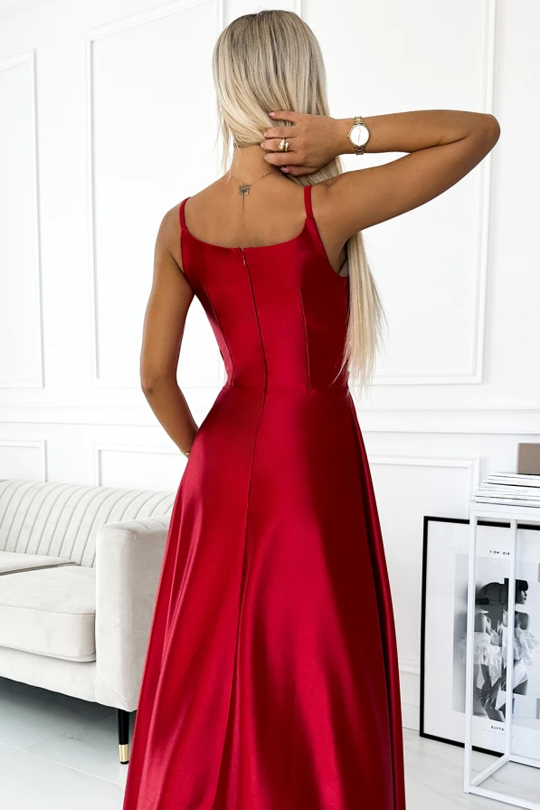 299-14 CHIARA elegant satin maxi dress with straps - red color