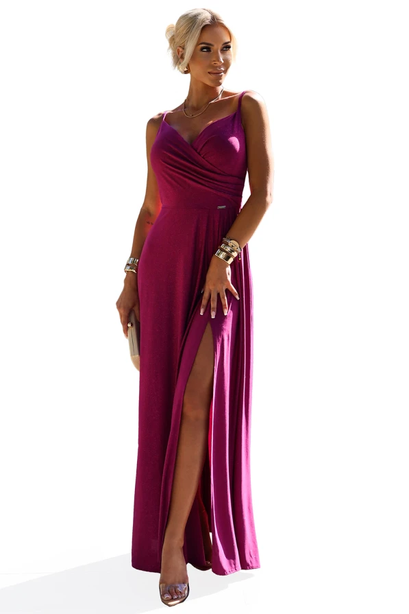 299-19 CHIARA elegant long maxi dress with straps - fuchsia with glitter