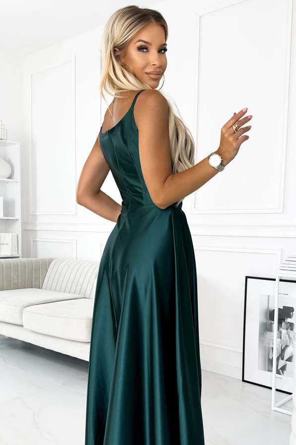 299-9 CHIARA elegant satin maxi dress with straps - green
