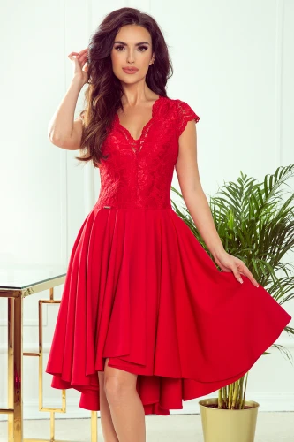 300-2 PATRICIA - dress with longer back with lace neckline - Red