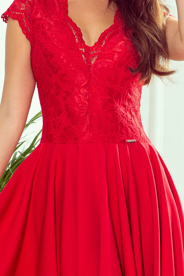 300-2 PATRICIA - dress with longer back with lace neckline - Red