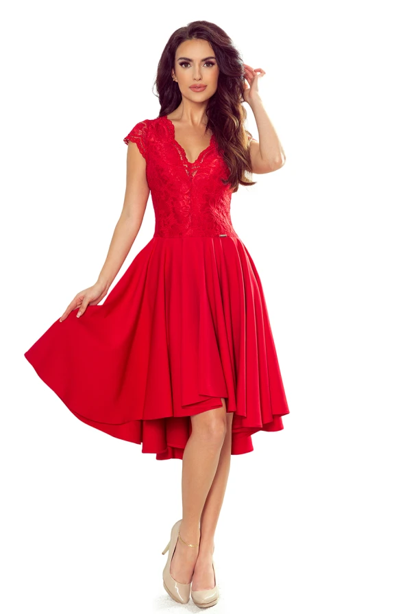 300-2 PATRICIA - dress with longer back with lace neckline - Red