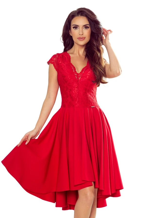 300-2 PATRICIA - dress with longer back with lace neckline - Red