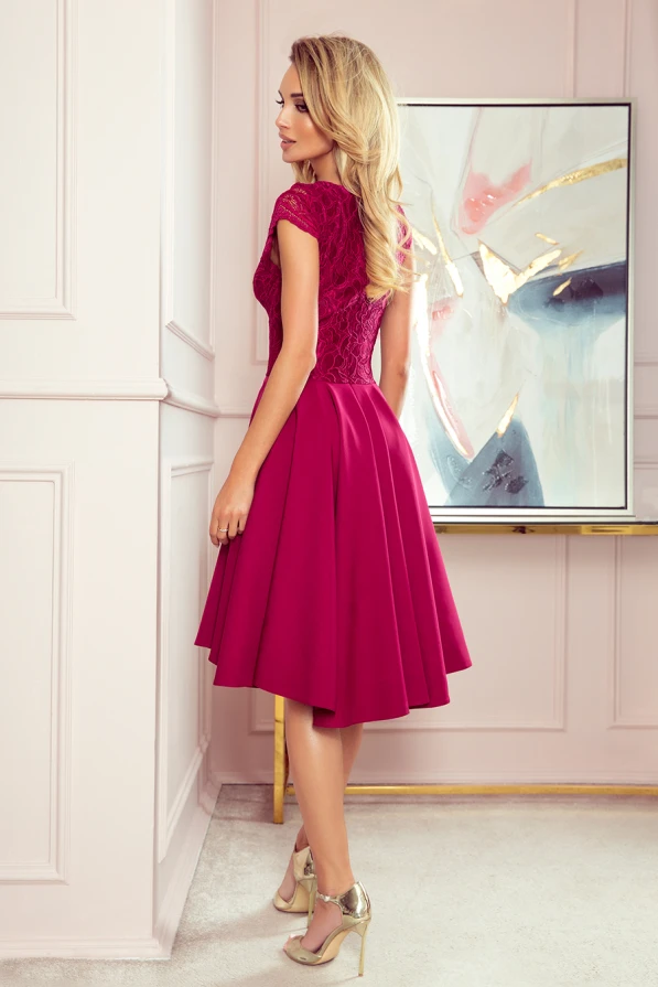 300-4 PATRICIA - dress with longer back with lace neckline - Burgundy color