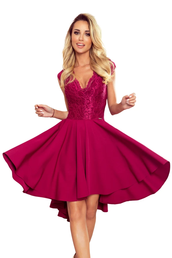 300-4 PATRICIA - dress with longer back with lace neckline - Burgundy color