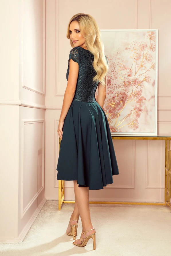 300-5 PATRICIA - dress with longer back with lace neckline - green color