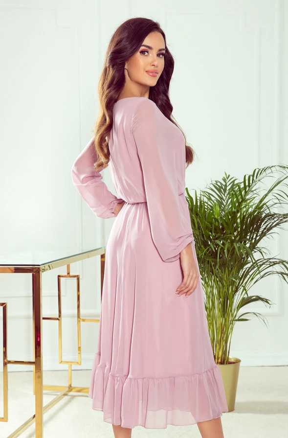 304-1 Chiffon midi dress with a neckline and frill - dirty pink