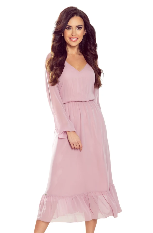 304-1 Chiffon midi dress with a neckline and frill - dirty pink