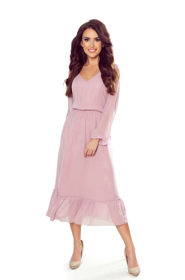 304-1 Chiffon midi dress with a neckline and frill - dirty pink