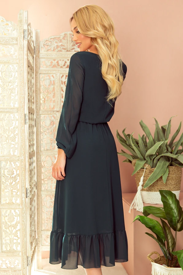 304-2 Chiffon midi dress with a neckline and frill - grün