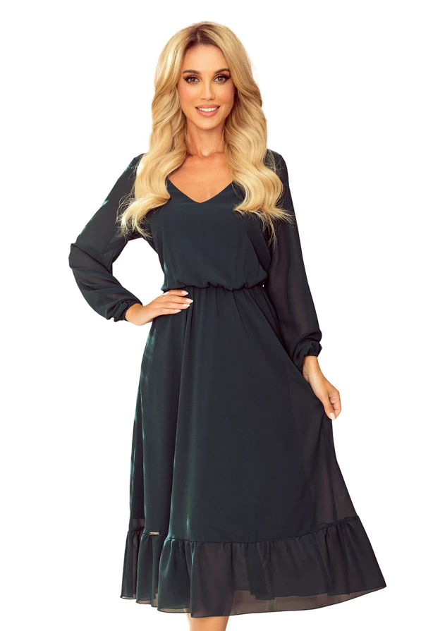 304-2 Chiffon midi dress with a neckline and frill - grün