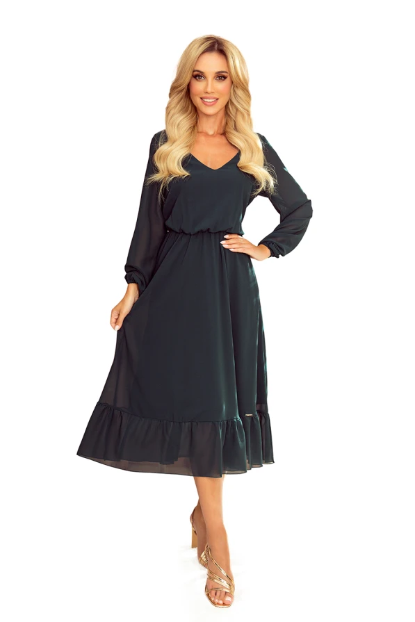 304-2 Chiffon midi dress with a neckline and frill - grün