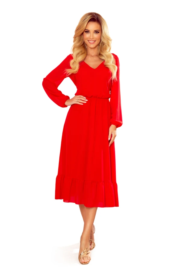 304-3 Chiffon midi dress with a neckline and frill - Red