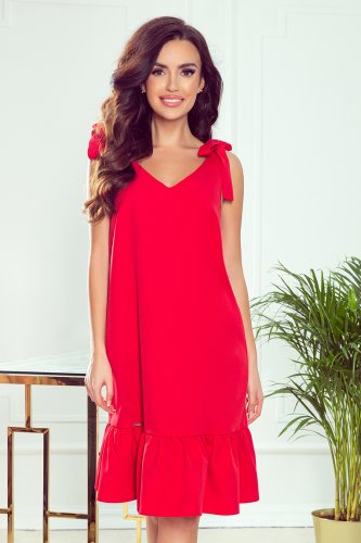 306-1 ROSITA Dress with bows on the shoulders and frill - red