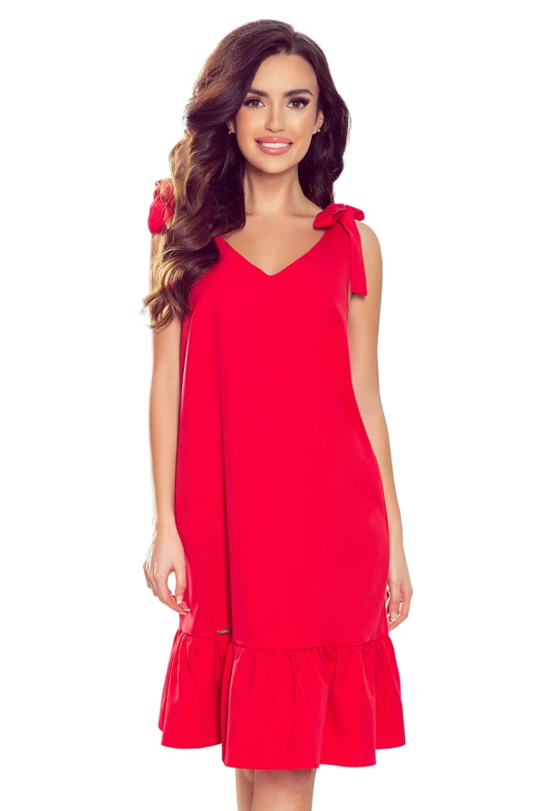 306-1 ROSITA Dress with bows on the shoulders and frill - red