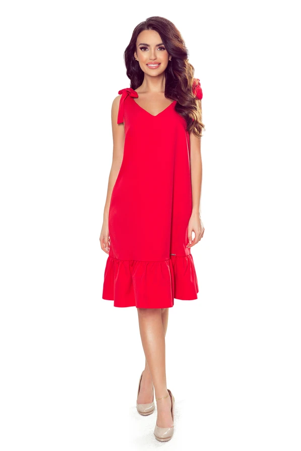 306-1 ROSITA Dress with bows on the shoulders and frill - red