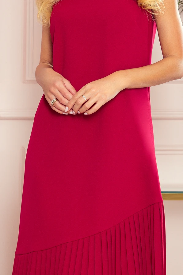 308-2 KARINE - trapezoidal dress with asymmetrical pleat - red