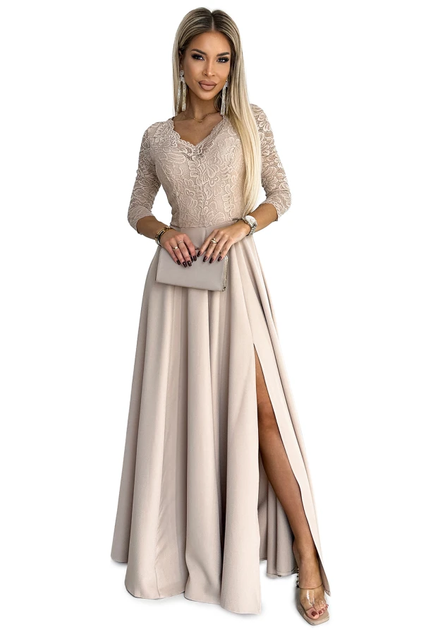 309-10 AMBER lace, elegant long dress with a neckline and leg slit - beige