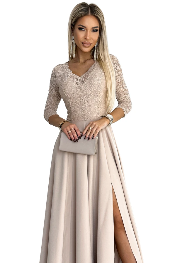 309-10 AMBER lace, elegant long dress with a neckline and leg slit - beige