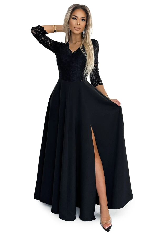 309-11 AMBER lace, elegant long dress with a neckline and leg slit - black