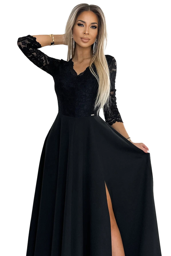 309-11 AMBER lace, elegant long dress with a neckline and leg slit - black